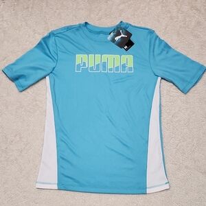 • NWT Puma Boy's Rash Guard Short Sleeve Top Size Medium Blue Multicolor Logo